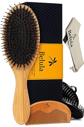 Belula Boar Bristle Hair Brush, Wooden Comb & Travel Bag Included